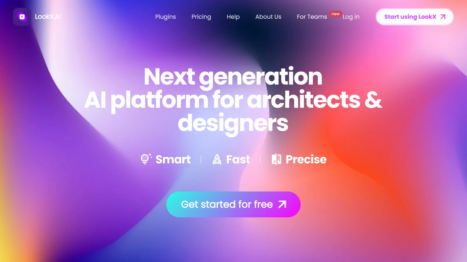 The LookX homepage with the headline Next generation AI platform for architects and designers on a colorful gradient and a Get started for free button