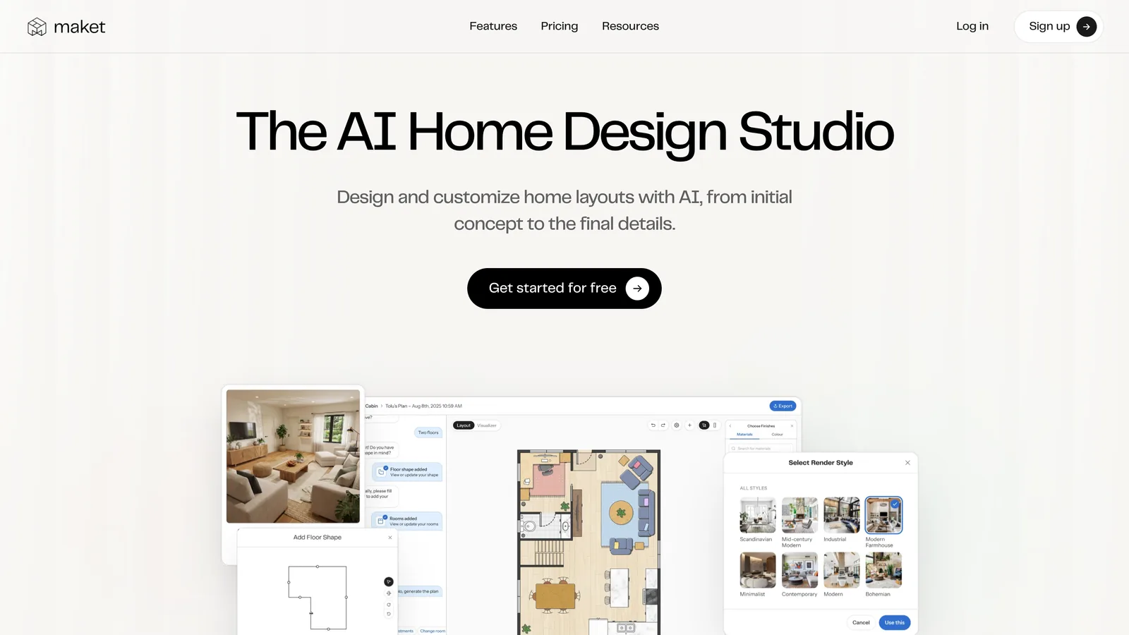 The Maket homepage with the headline The AI Home Design Studio and a canvas showing a floor plan, room photos and render styles