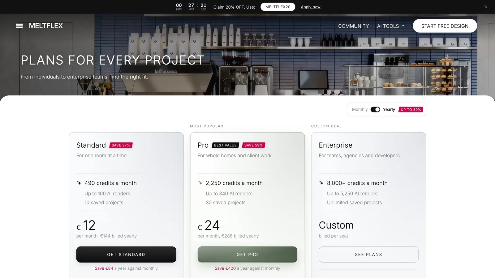 The MeltFlex plans page showing Standard at 12 euros a month billed yearly with 490 credits and Pro at 24 euros a month billed yearly with 2,250 credits, both with commercial use in listings and client work
