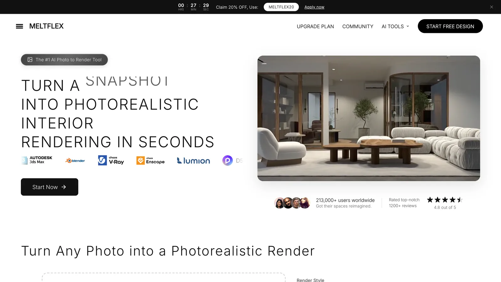 The MeltFlex photo to render page headline reading Turn a SketchUp snapshot into photorealistic interior rendering in seconds, with a render of a living room with a white sofa and wood shelving, logos of Autodesk, V-Ray, Enscape, Lumion and D5 Render, and the line 213,000+ users worldwide
