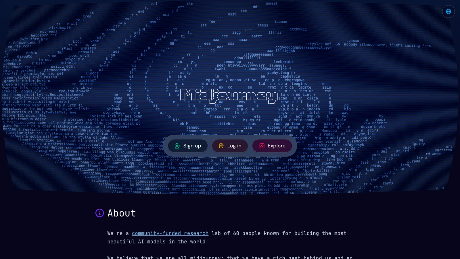 The Midjourney homepage with its logo over a dark blue animated text background and Sign up, Log in and Explore buttons