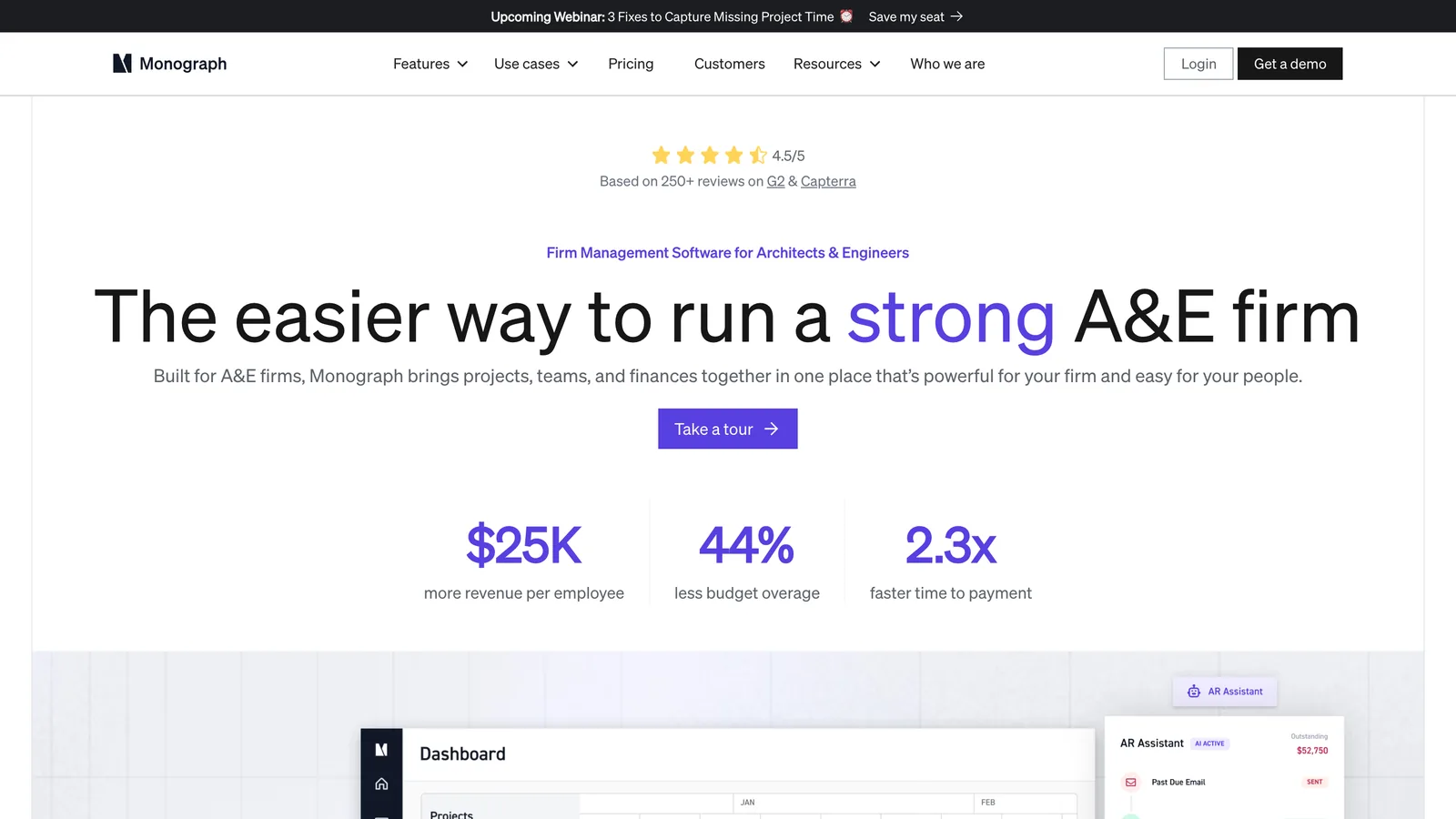 The Monograph homepage with the headline The easier way to run a strong A&E firm and figures of $25K more revenue per employee, 44% less budget overage and 2.3x faster time to payment