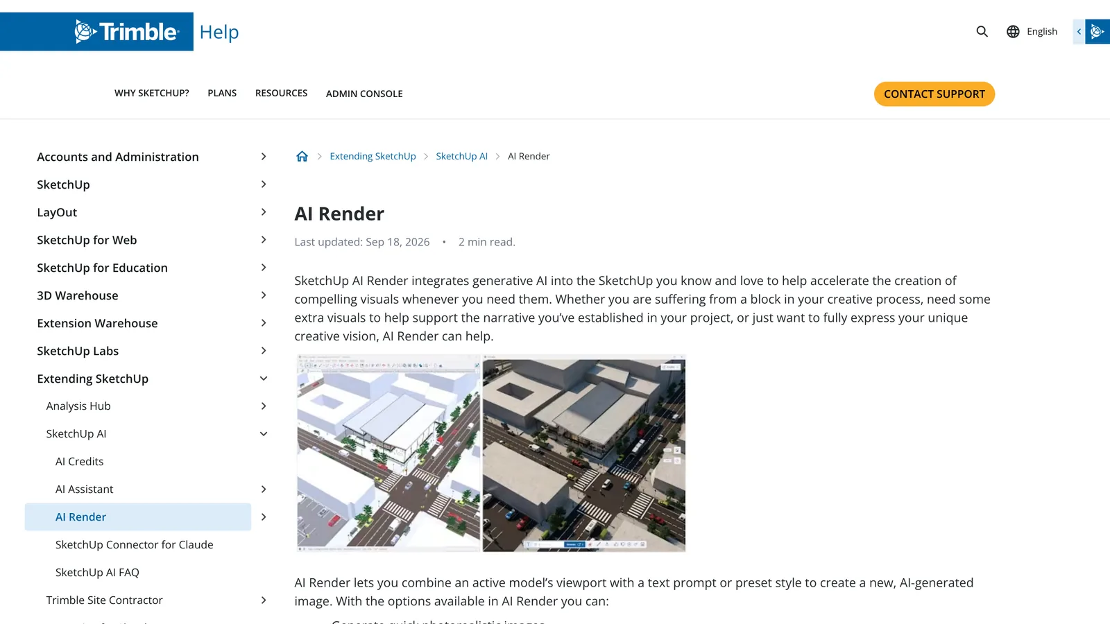 The SketchUp help page for AI Render, last updated September 18, 2026, with a grey SketchUp model next to its AI rendered version