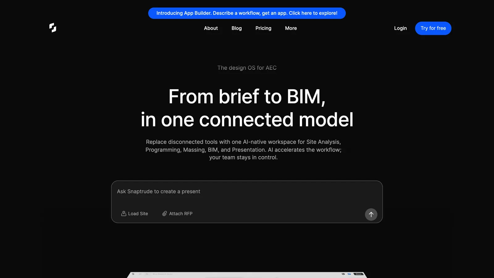 The Snaptrude homepage with the headline From brief to BIM, in one connected model and a prompt box with Load Site and Attach RFP buttons
