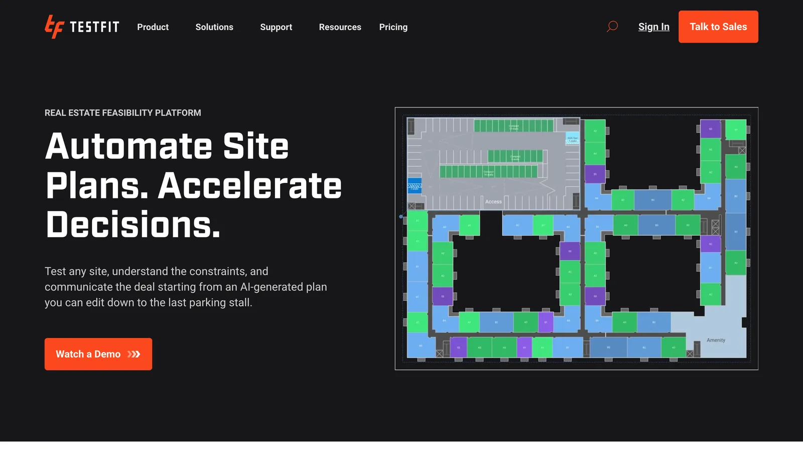 The TestFit homepage with the headline Automate Site Plans. Accelerate Decisions. next to a colored site plan of apartment blocks and parking
