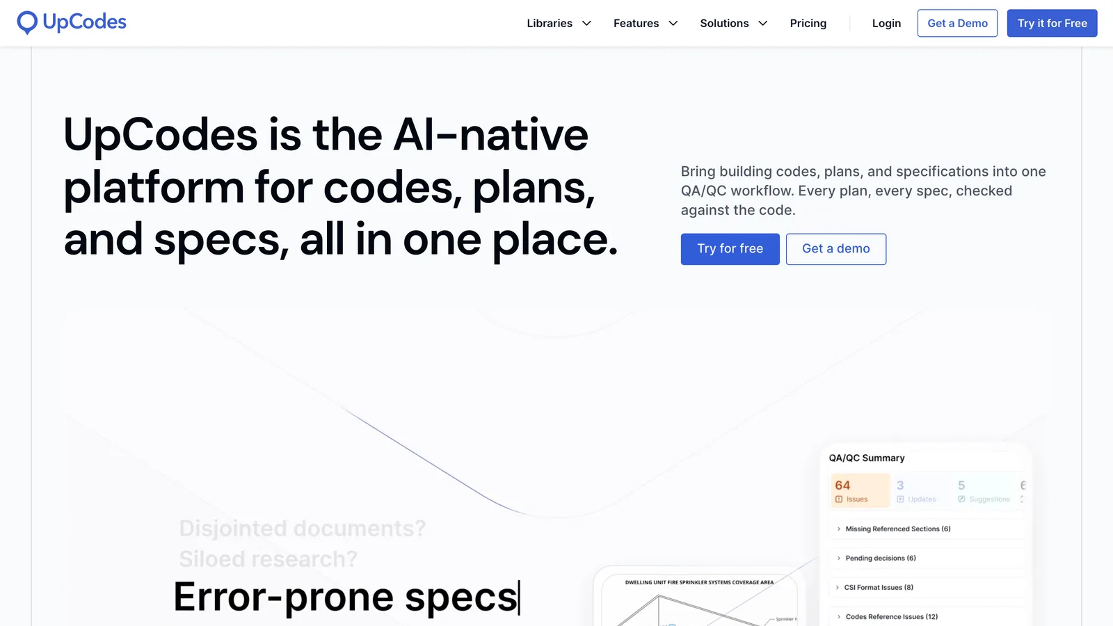 The UpCodes homepage with the headline UpCodes is the AI-native platform for codes, plans, and specs, all in one place, with Try for free and Get a demo buttons