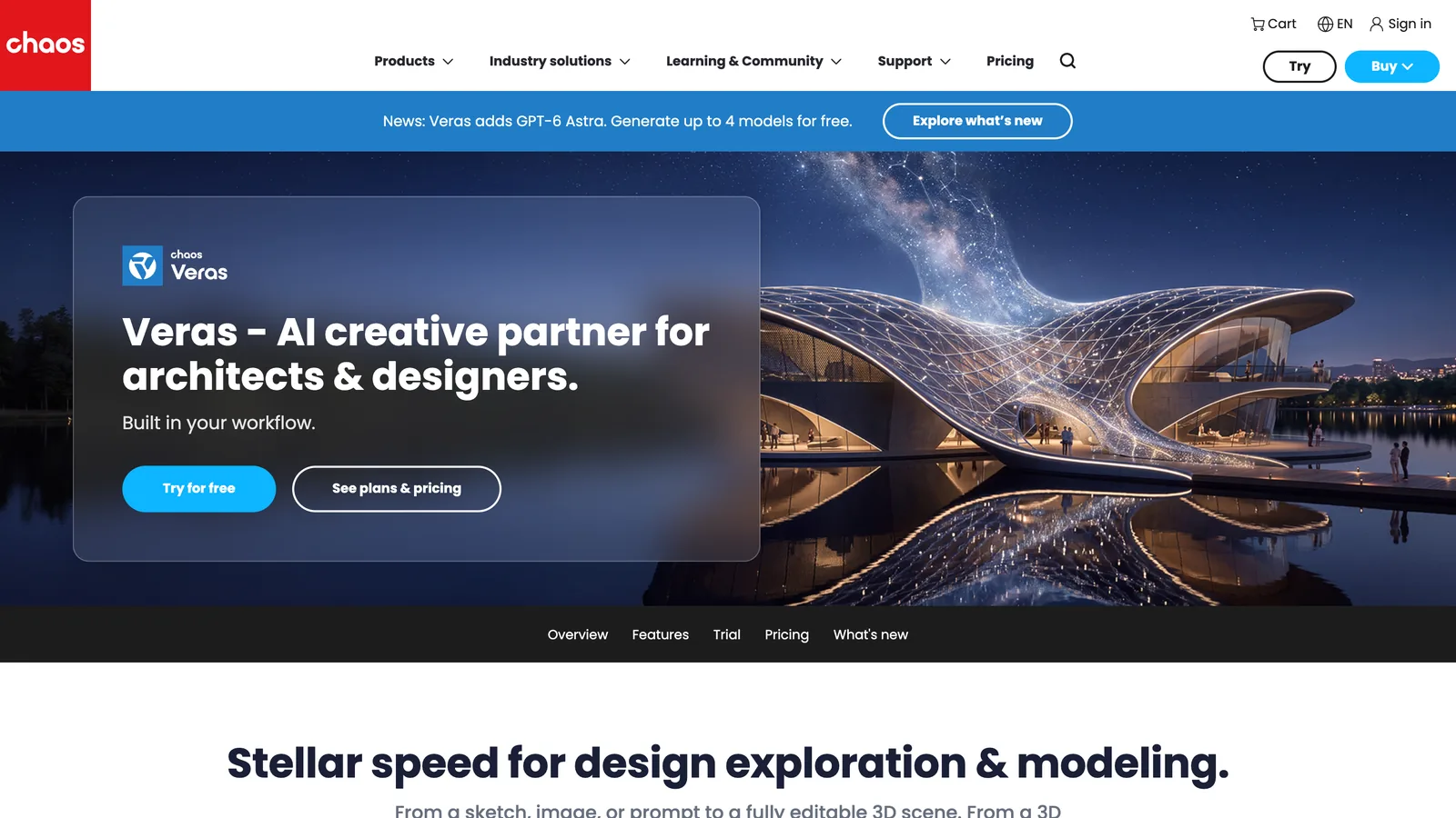 The Veras page on chaos.com with the headline Veras, AI creative partner for architects and designers, built in your workflow, over a render of a curved building at dusk
