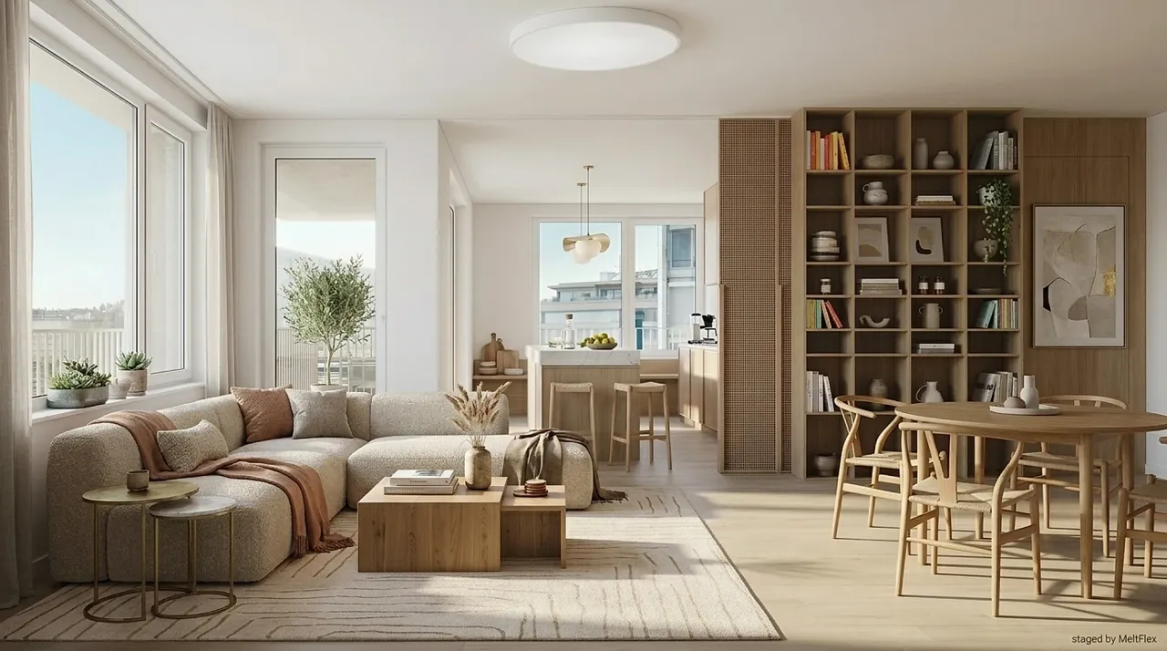 A virtually staged living space with cohesive designer furniture and warm neutral palette, produced with MeltFlex for a client presentation