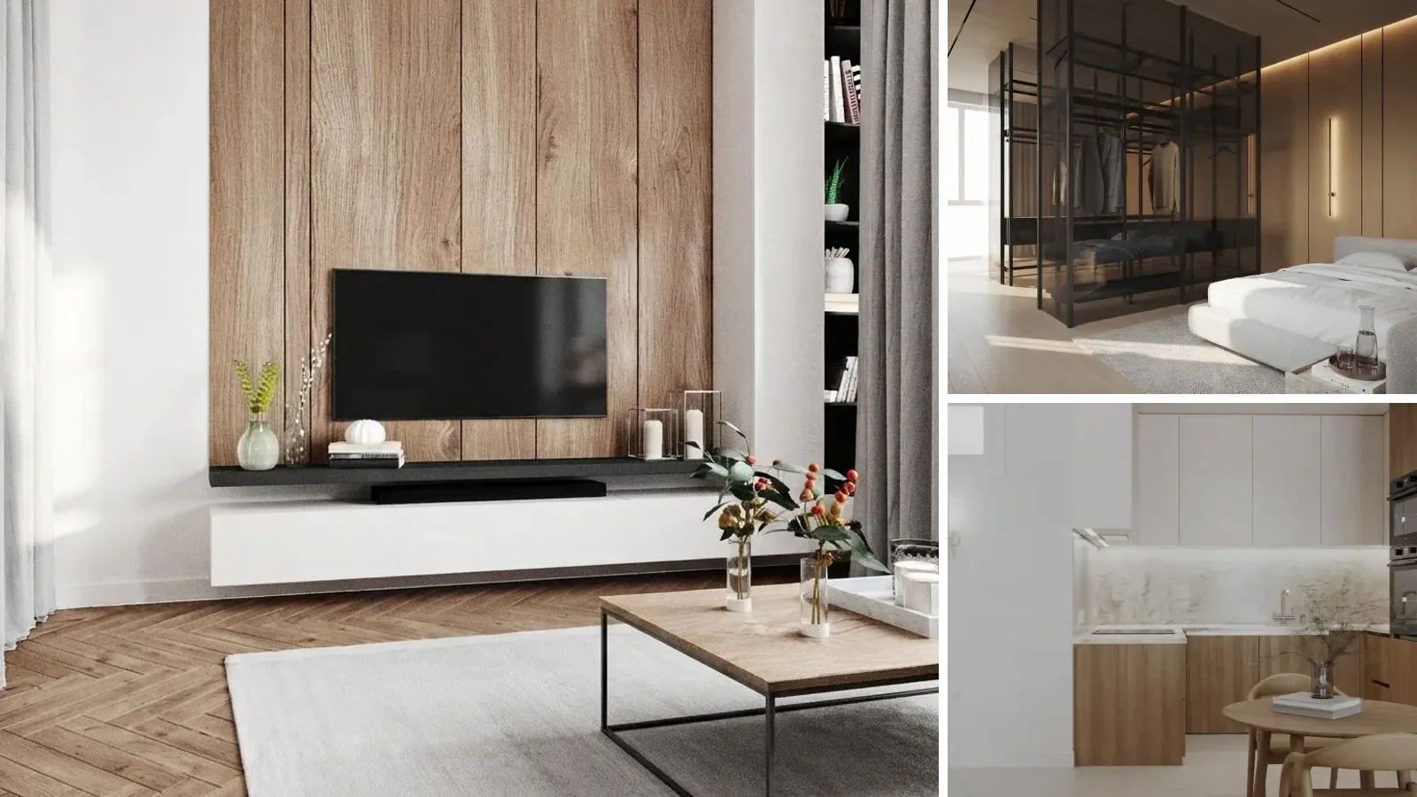 Three interior renders arranged as one large and two smaller panels: a Scandinavian living room with herringbone parquet, a timber slat TV wall and a low white media unit; a bedroom suite with a glass and black steel walk in wardrobe; and a compact warm oak kitchen with a stone splashback and a round dining table