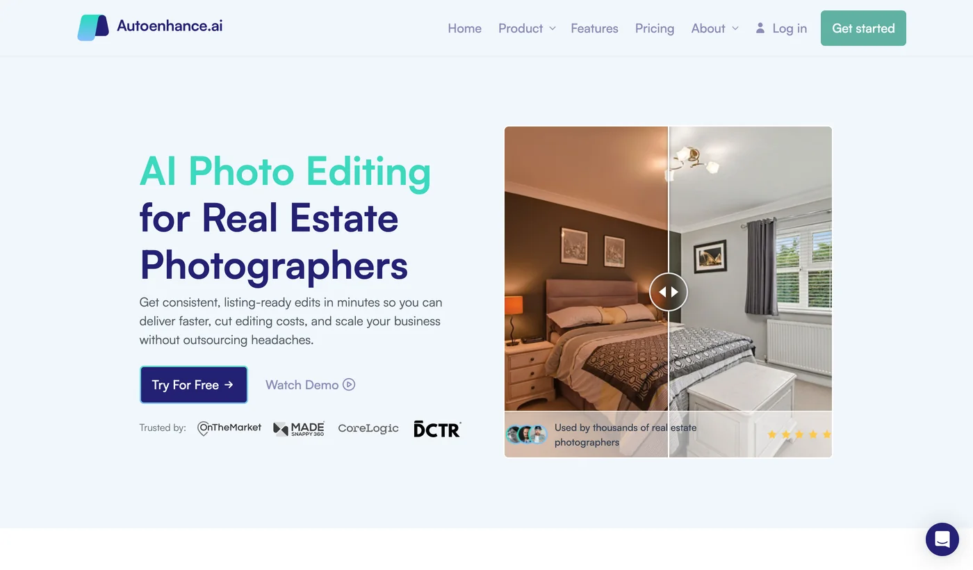 Autoenhance.ai homepage with the headline AI Photo Editing for Real Estate Photographers and a before and after slider on a bedroom interior