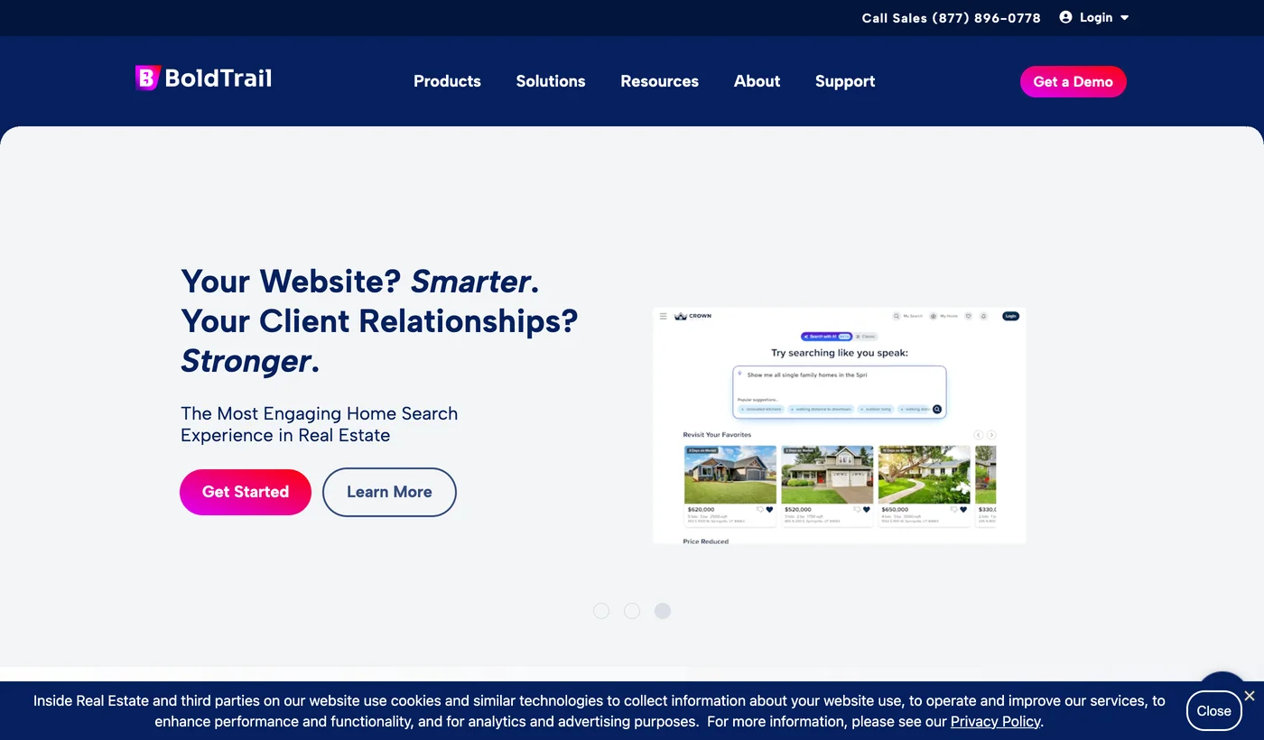 BoldTrail homepage with the headline AI That Lets Agents Do What They Do Best, describing an AI powered platform for agents, teams and brokerages