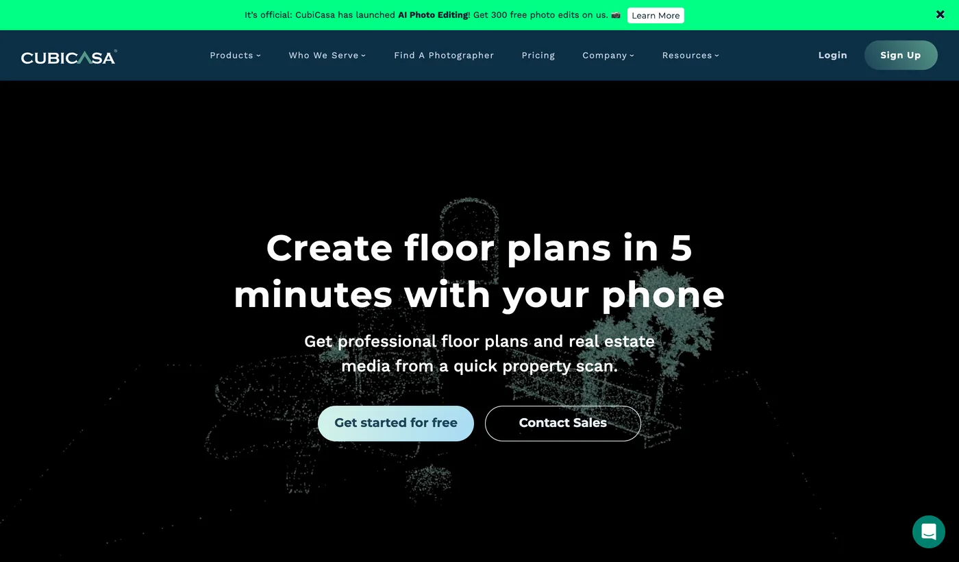 CubiCasa homepage with the headline Create floor plans in 5 minutes with your phone and a note that CubiCasa has launched AI photo editing