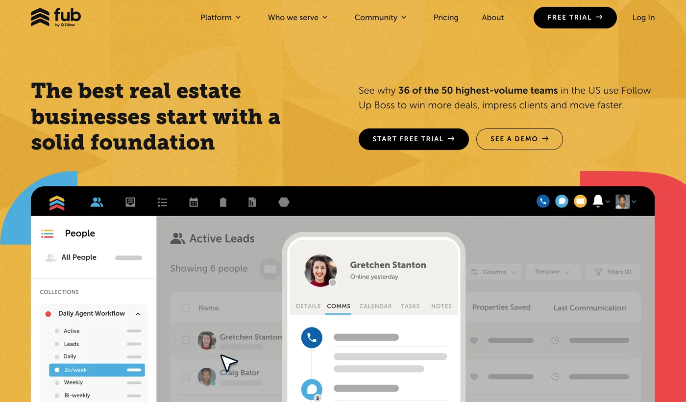 Follow Up Boss homepage with the headline The best real estate businesses start with a solid foundation, describing a flexible open CRM platform