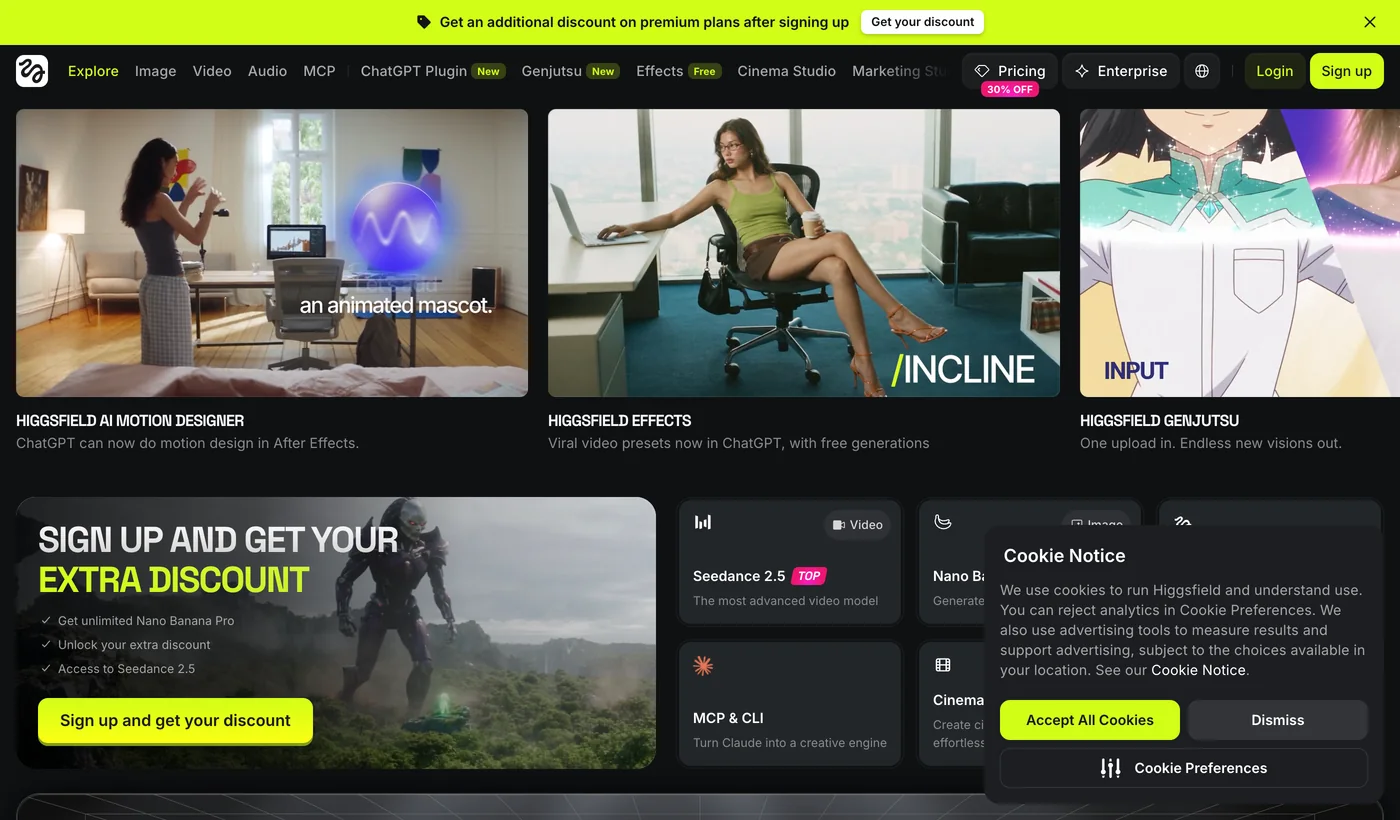 Higgsfield AI homepage describing an AI native creative suite for creating images, videos and voice content from text prompts or references