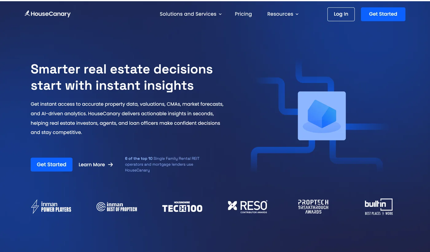 HouseCanary homepage with the headline Smarter real estate decisions start with instant insights, offering AI powered valuations, forecasts and market insights