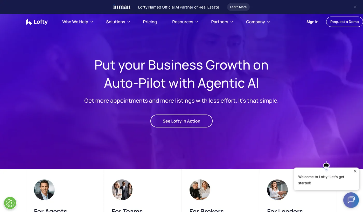 Lofty homepage with the headline Put your Business Growth on Auto-Pilot with Agentic AI and a banner reading Lofty Named Official AI Partner of Real Estate by Inman