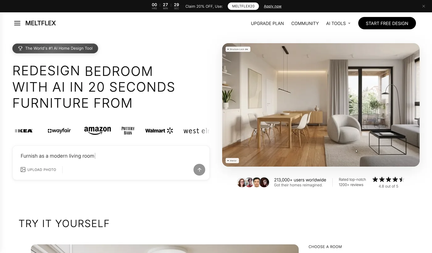 MeltFlex homepage showing Redesign bedroom, kitchen, bathroom, office or any room with AI in 20 seconds, with furniture from IKEA, Wayfair, Amazon, Pottery Barn, Walmart and West Elm, and a rendered dining room