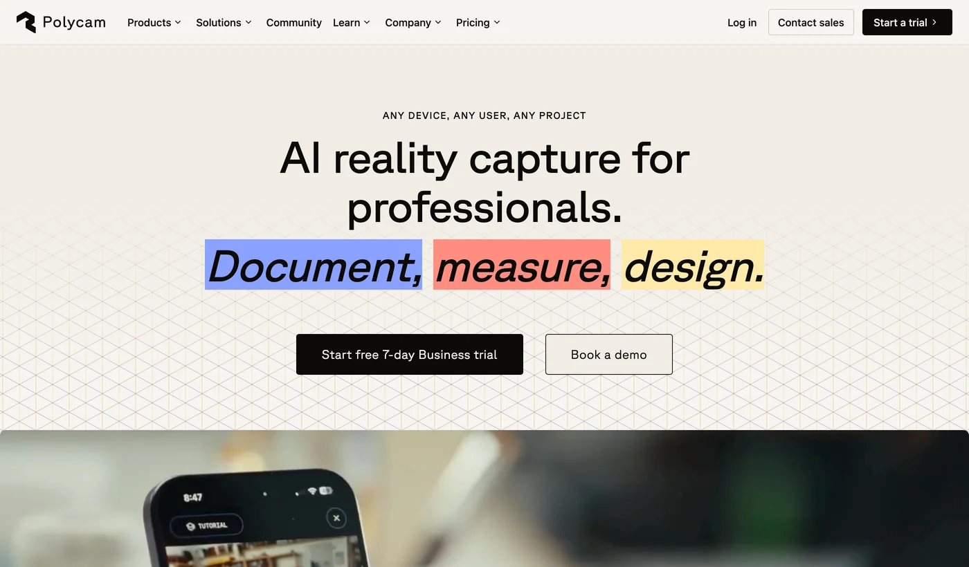 Polycam homepage with the headline AI reality capture for professionals, describing 3D scanning for AEC teams with floor plans, measurements and CAD or BIM exports from a phone