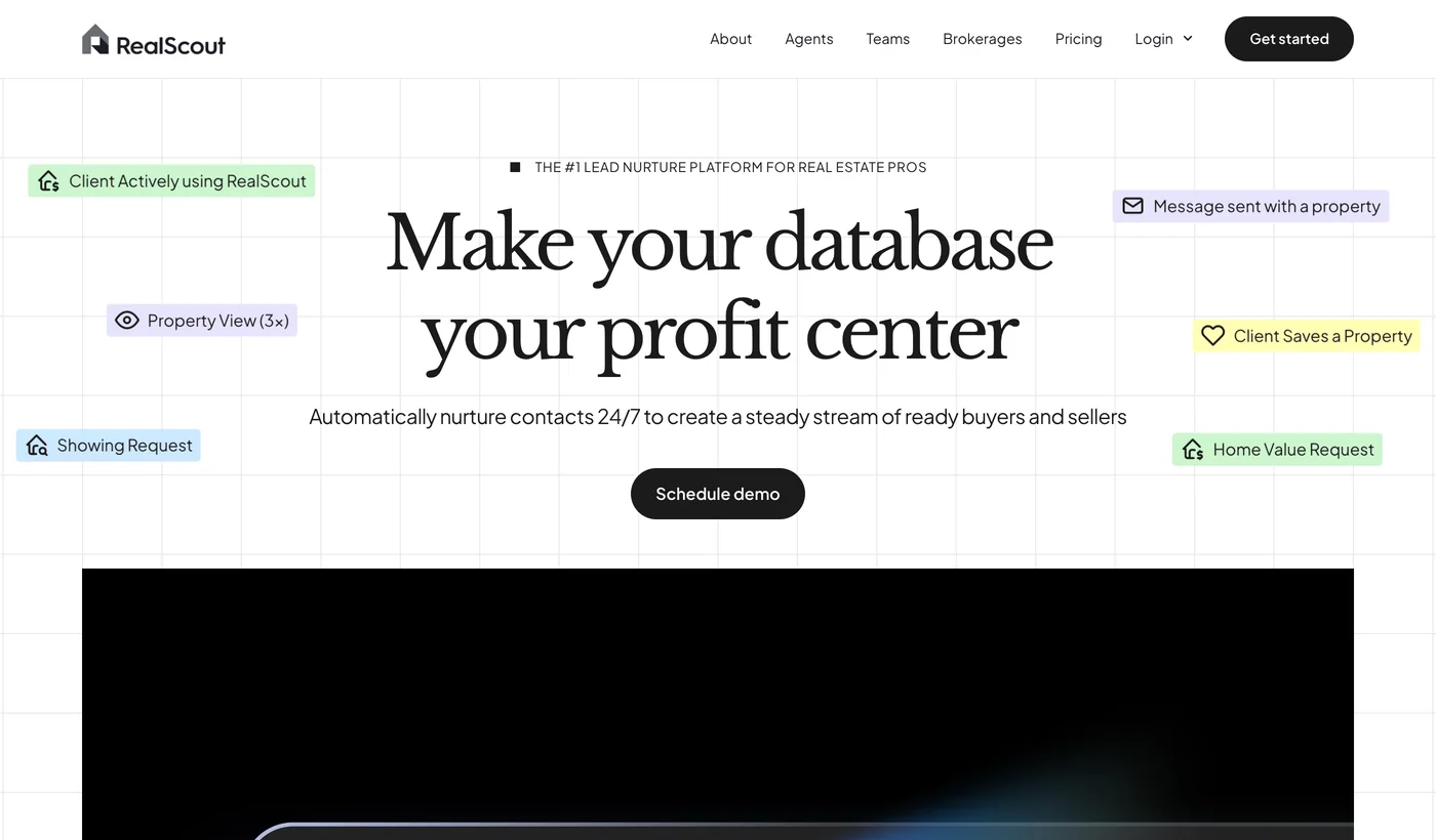 RealScout homepage with the headline Make your database your profit center, badged as the number one lead nurture platform for real estate pros, surrounded by activity labels such as property view, showing request and home value request
