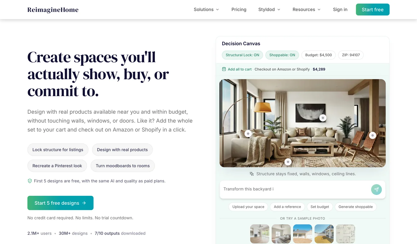 ReimagineHome homepage with the headline Create spaces you'll actually show, buy, or commit to, showing an AI interior design and virtual staging interface