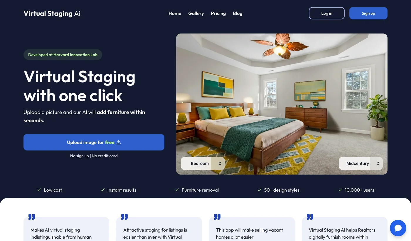 Virtual Staging AI homepage with the headline Virtual Staging with one click, an upload button, a staged bedroom with a bed and ceiling fan, and badges reading low cost, instant results, furniture removal, 50 plus design styles and 10,000 plus users
