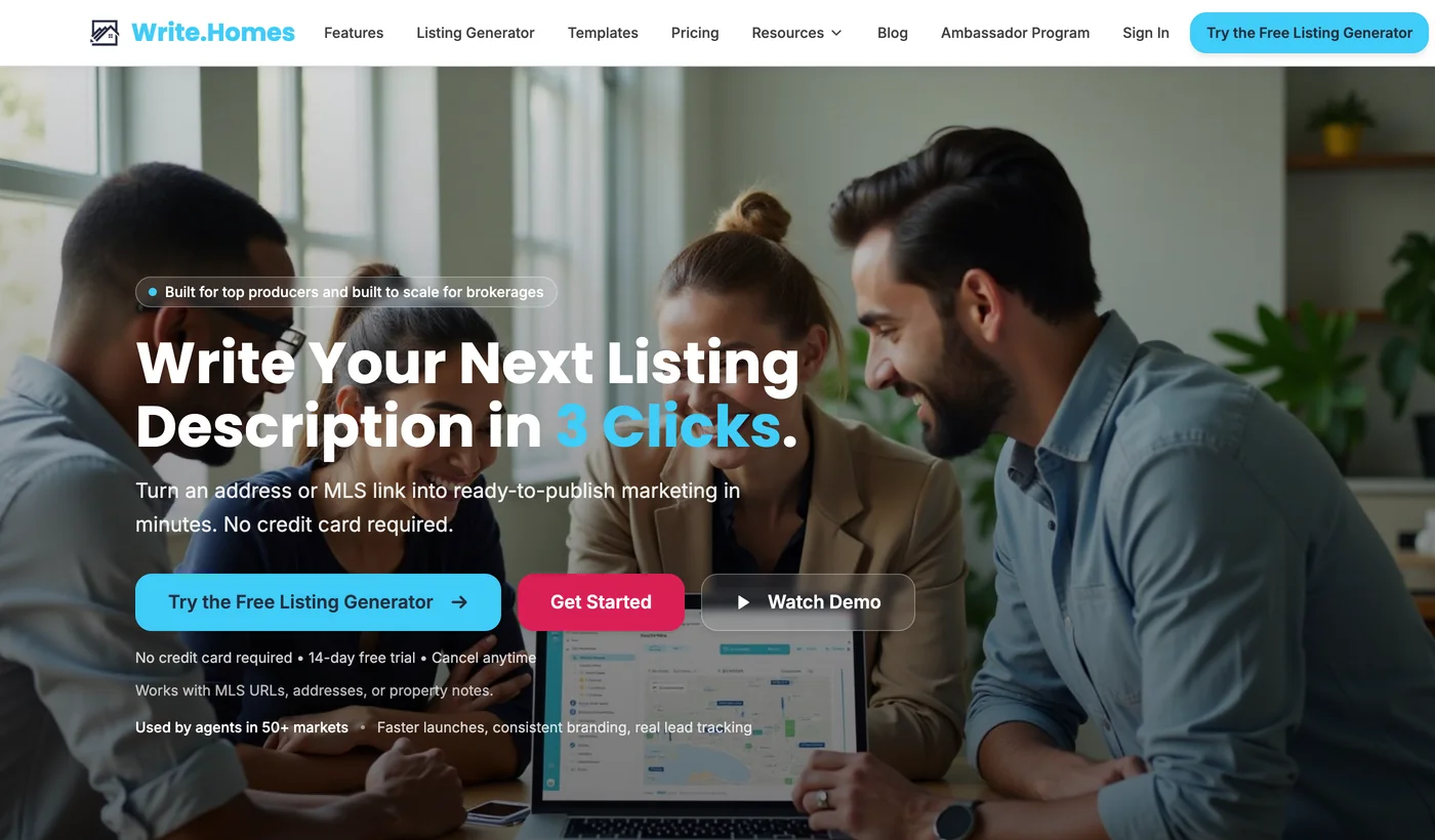 Write.Homes homepage with the headline Write Your Next Listing Description in 3 Clicks, offering to turn an address or MLS link into ready to publish marketing in minutes with a 14 day free trial