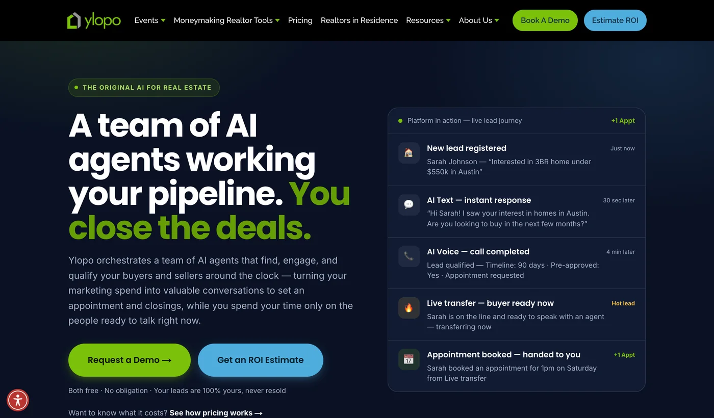 Ylopo homepage with the headline A team of AI agents working your pipeline, You close the deals, showing a live lead journey panel with new lead registered, AI text instant response, AI voice call completed and appointment booked events