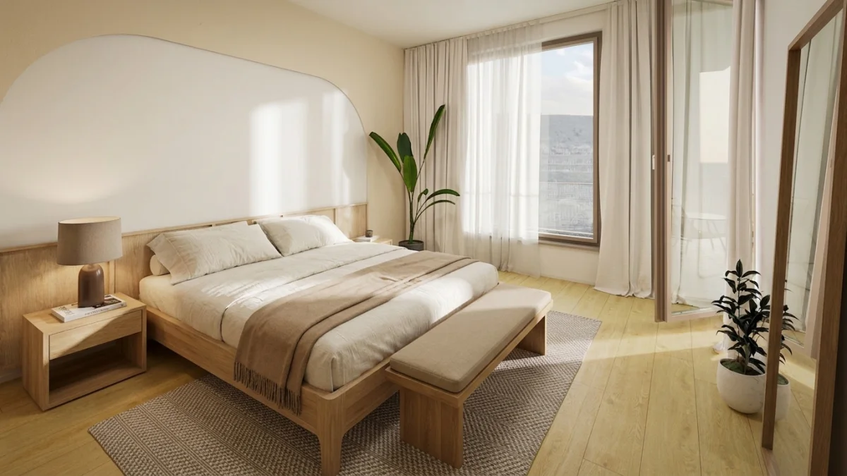 AI-generated Scandinavian bedroom design with natural wood bed frame, linen bedding, and floor-to-ceiling windows created by MeltFlex