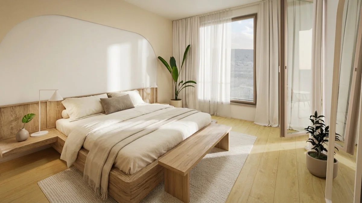 Second AI-generated bedroom design variation showing different furniture arrangement and styling options from MeltFlex