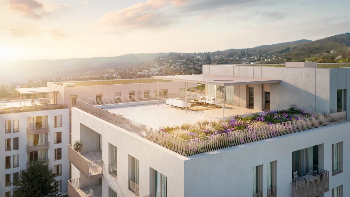 Architectural exterior render of modern residential building with rooftop terrace and mountain views