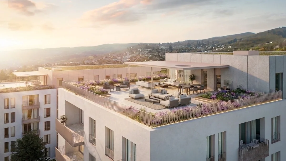 AI-enhanced exterior visualization showing the same building with redesigned rooftop furniture and landscaping by MeltFlex