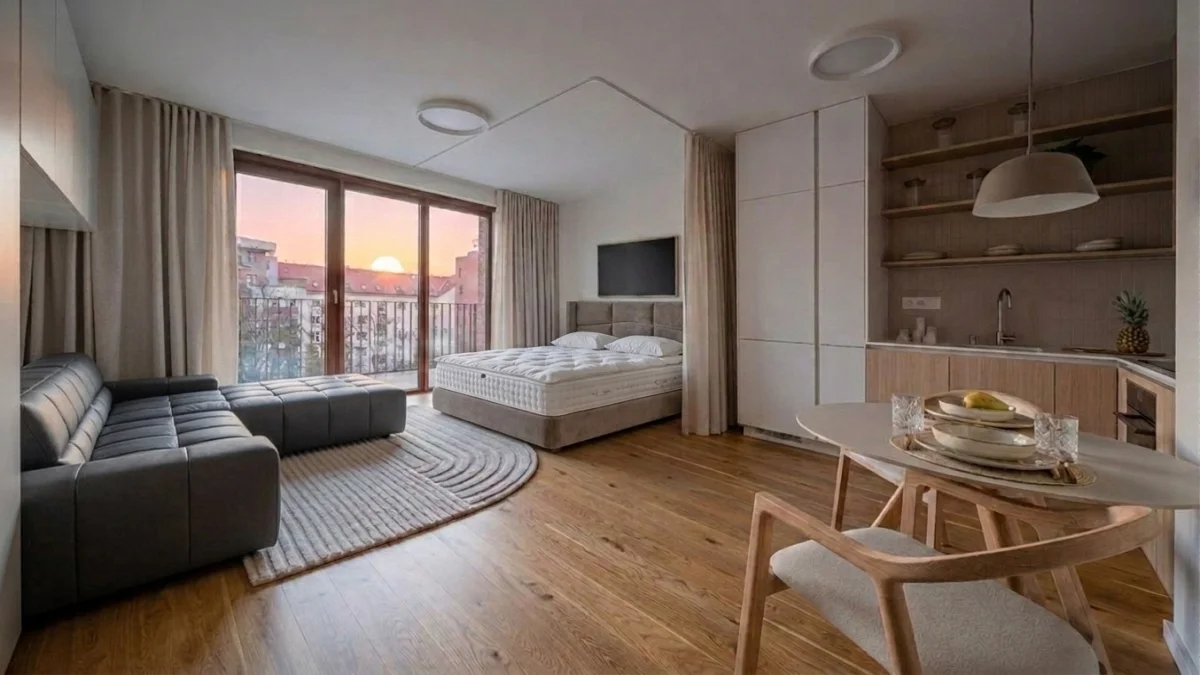 Alternative AI redesign of the same apartment featuring dark tufted sofa and contemporary styling by MeltFlex