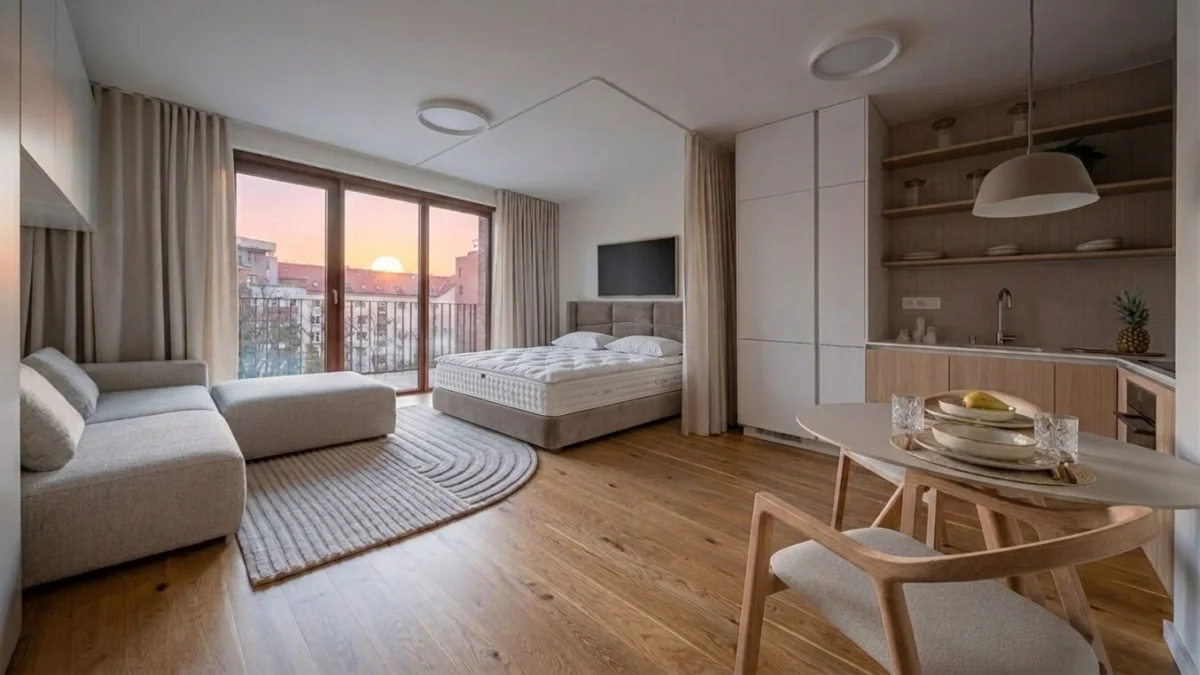 Same apartment after MeltFlex AI redesign with modern light-colored sofa and updated furniture styling