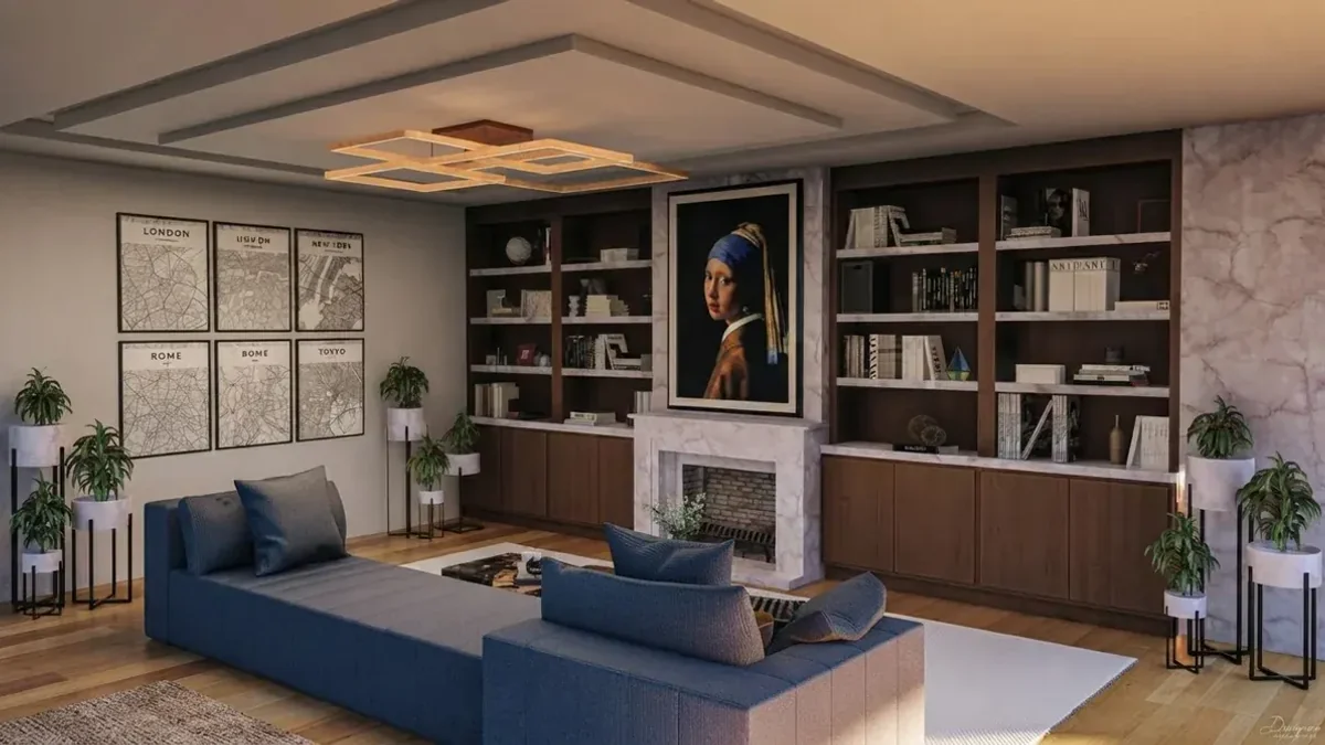 Home library with floor to ceiling walnut shelving, a navy sectional sofa and a single large portrait of a girl with a pearl earring hung centred above a marble fireplace
