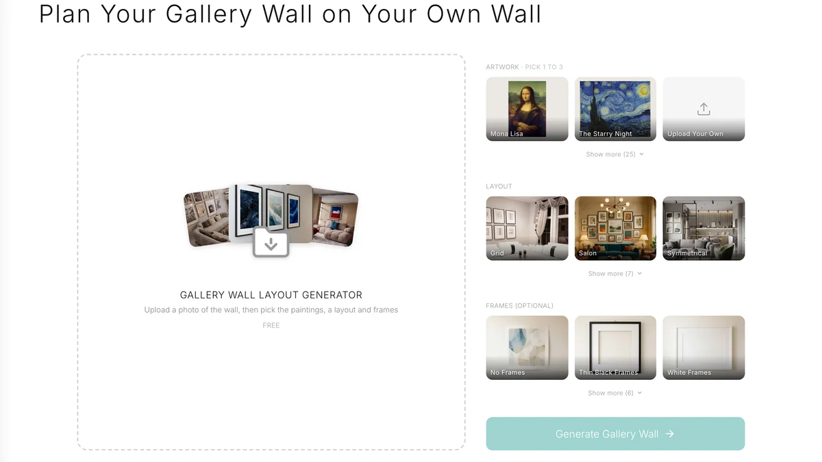 The MeltFlex wall art visualizer on 21 September 2026: an upload box for the wall photo, an artwork row with the Mona Lisa, The Starry Night and an Upload Your Own card, a layout row and a frames row above a Generate Gallery Wall button
