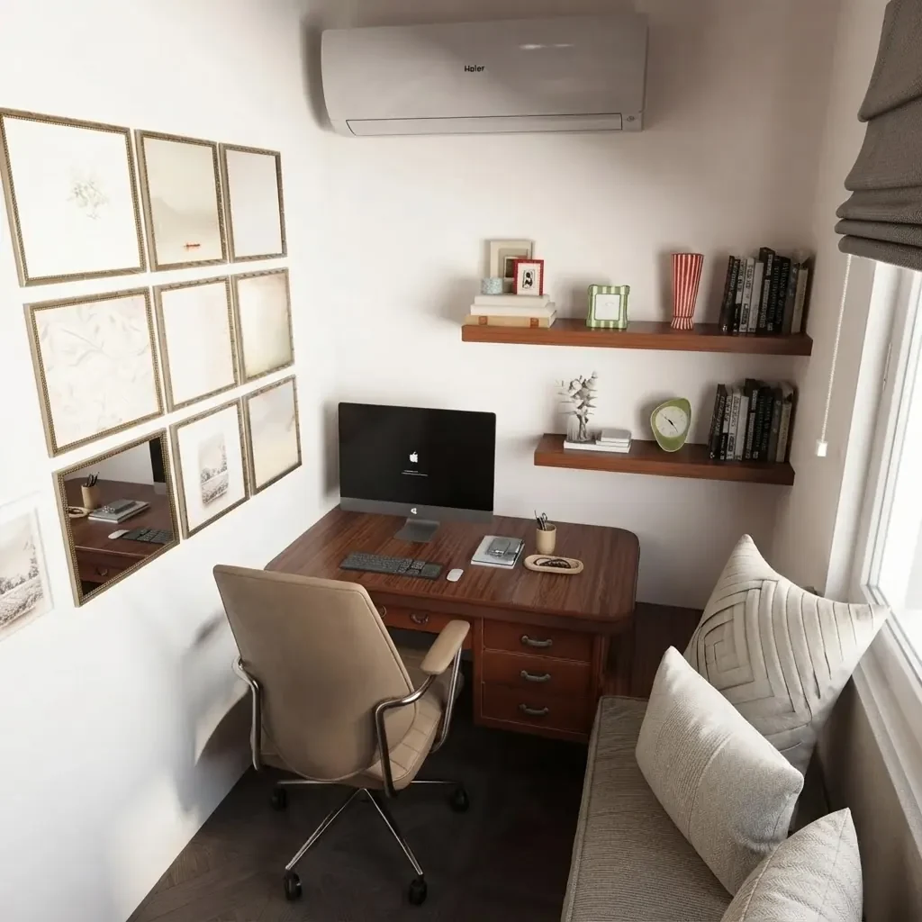 Home office with a walnut desk under a window and a neat grid of six small framed line drawings on the wall beside it