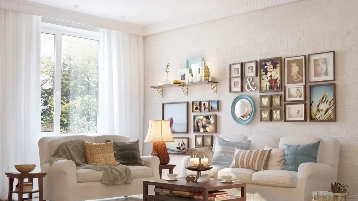Bright Scandinavian living room with a white sofa, a wooden coffee table and a large salon-style gallery wall of small framed prints and a round mirror above a picture shelf