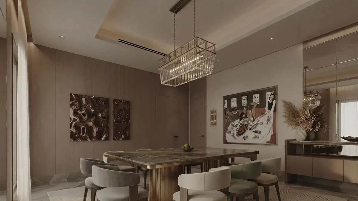Walnut panelled dining room with a long stone table, cream leather chairs and two large abstract paintings in dark frames on the wall behind the table
