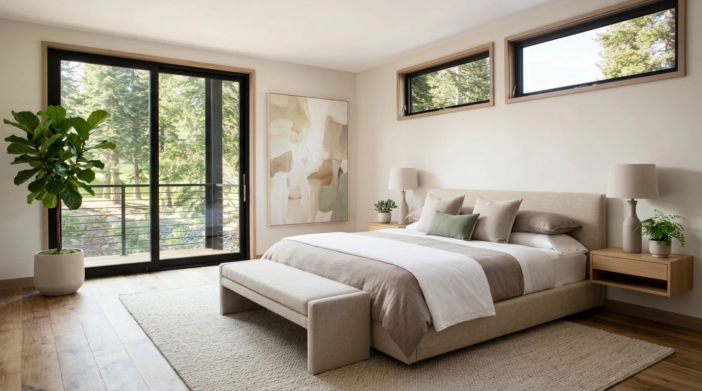 A serene high-end bedroom with a low upholstered platform bed in warm linen, floating oak nightstands, a soft abstract artwork and floor to ceiling glass onto a forest, produced as a photorealistic AI render