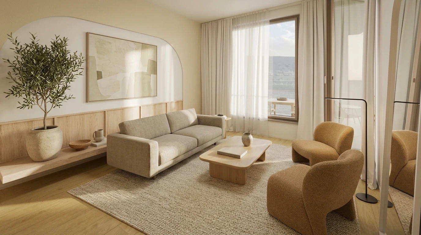 A high-end contemporary living room with a low greige linen sofa, sculptural lounge chairs, an oak coffee table, an abstract canvas and an olive tree in golden afternoon light, produced as a photorealistic AI render
