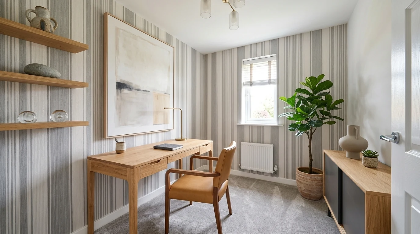 A refined home office concept with a solid oak writing desk, a leather and wood chair, floating shelves, a soft abstract artwork and a tall plant, used as an early concept frame