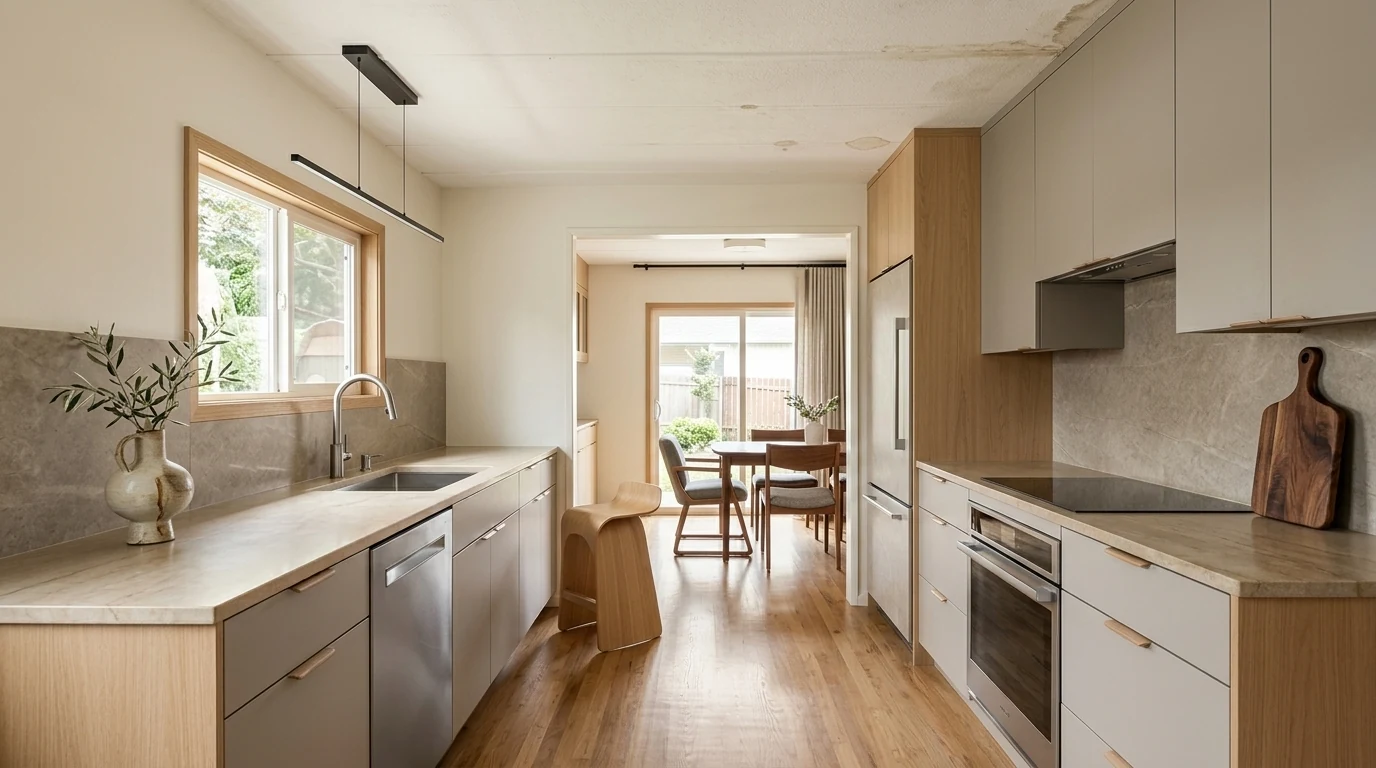 A sleek modern kitchen with flat front oak and stone cabinetry, a full height stone backsplash, a linear pendant and clear countertops, produced as a photorealistic AI render