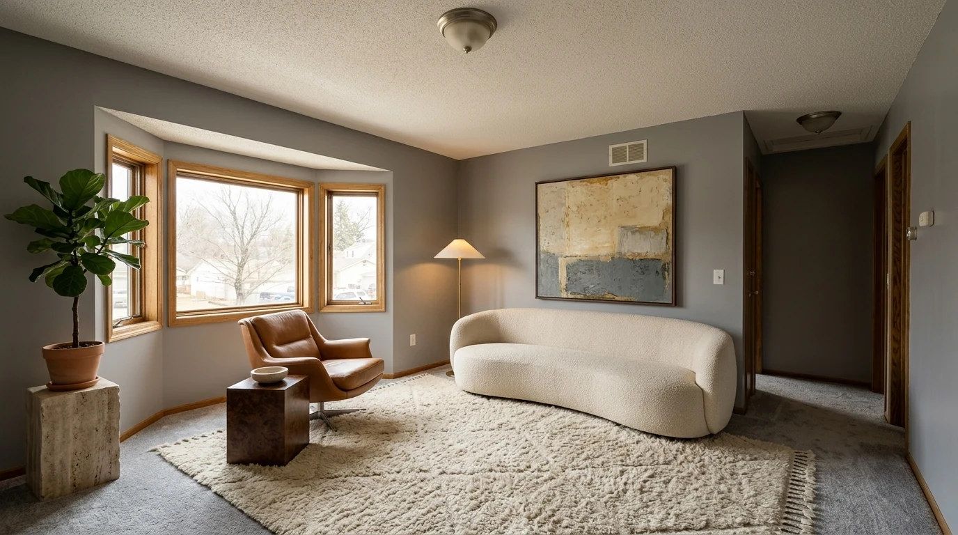 A tactile material led living room with a bouclé sofa, tan leather lounge chair, burl wood side table, brushed brass floor lamp and a natural stone plinth in warm side light
