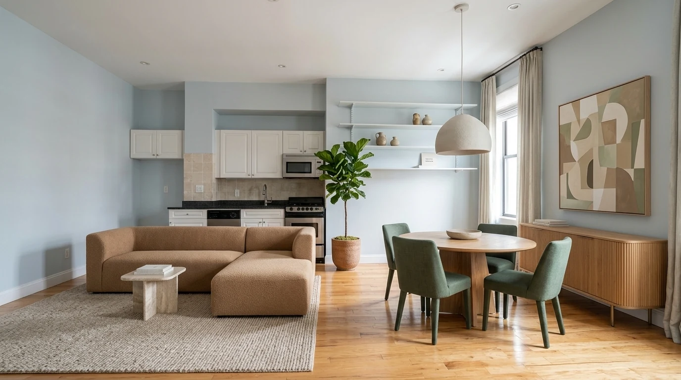 A refined open plan living and dining space with a sectional sofa zoning the lounge, a round oak dining table, a sideboard and a tall plant marking the transition between zones