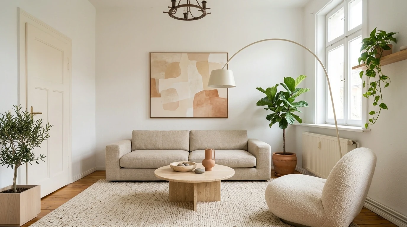 Option A: the same living room styled as warm minimalism with an oatmeal sofa, boucle chair, travertine coffee table and soft terracotta accents