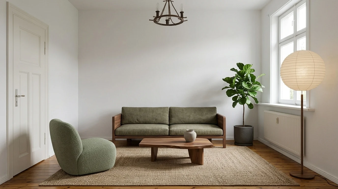 Option B: the exact same living room styled as modern organic Japandi with a walnut framed olive sofa, curved lounge chair, jute rug and sage tones