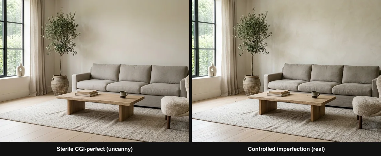 The same living room twice: on the left a sterile CGI-perfect version where every surface is flawlessly clean, symmetrical and brand-new so it looks uncanny, on the right the same room with controlled imperfection, a slightly rumpled rug, a little wear and lived-in detail that reads as a real photograph