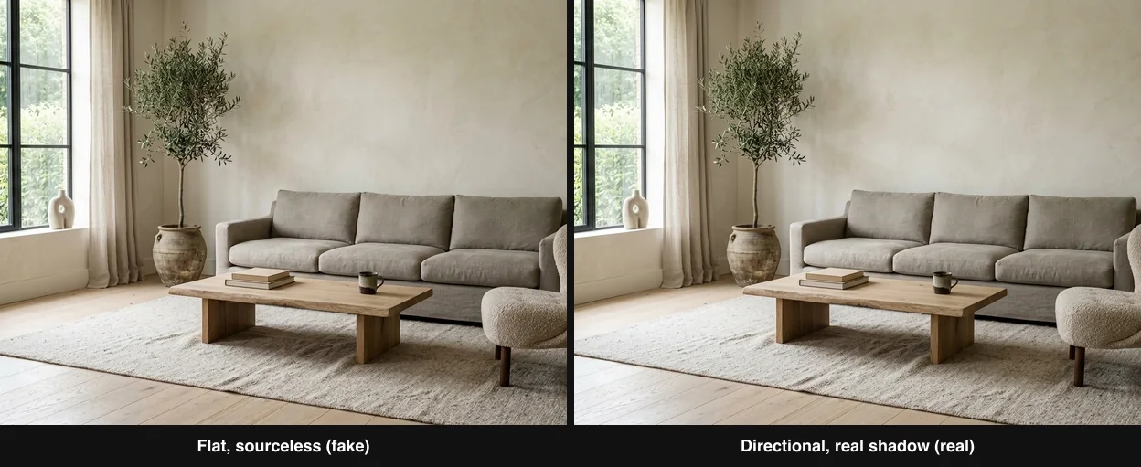 The same living room shown twice: on the left flat sourceless lighting with no real shadows that looks like an untextured 3D render, on the right the same room with directional daylight from the window casting a real soft shadow and grounding the furniture