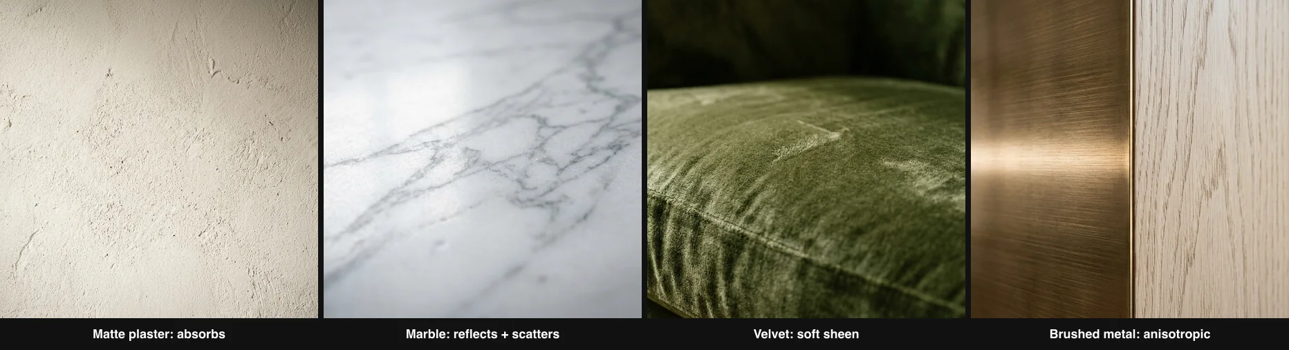 Four extreme close-up material studies under the same soft directional light: matte plaster that absorbs the light, polished marble that reflects and scatters it, olive velvet with a soft directional sheen, and brushed brass with an anisotropic streak of highlight