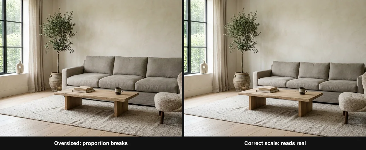 The same living room twice: on the left the sofa is oversized and too deep for the space, crowding the coffee table and dwarfing the window so the proportions read as wrong, on the right the same sofa at correct human scale where everything reads as real